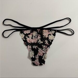 PINK Victoria's Secret Black Floral Strappy Lace Thong Panty NWT